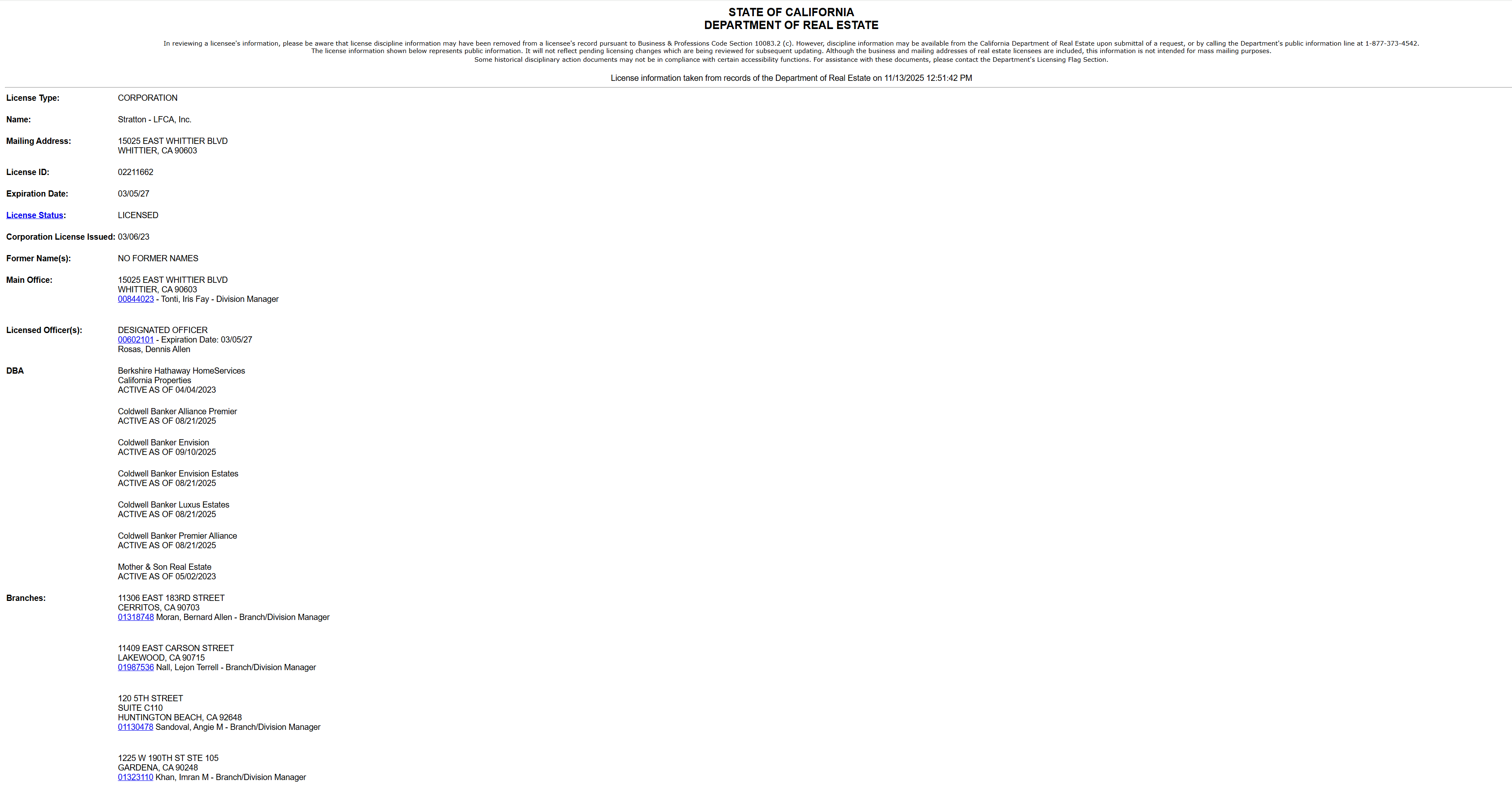 Stratton license shows Berkshire DBA active